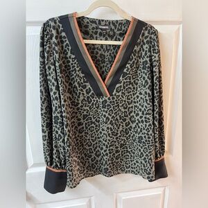 Express Animal Print V-Neck Blouse - Olive Green and Black with Brown Accent